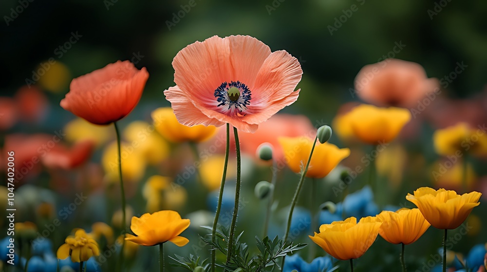 A vibrant, bright orange poppy flower stands out among a field of yellow, orange, and blue flowers. A vibrant, bright orange poppy flower stands out among a field of yellow, orange, and blue flowers.