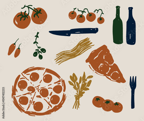 Italian Food Pizza Tomatoes Pasta and Wine Mediterranean Cute Vintage Doodles Vector Set