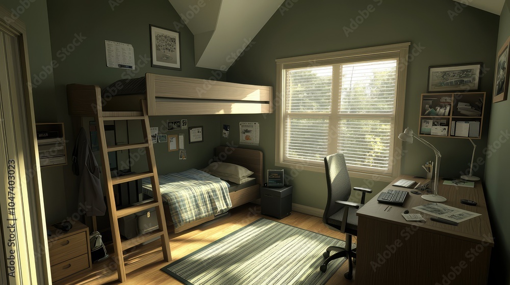 Cozy Small Bedroom with Loft Bed and Workspace Cozy Small Bedroom with Loft Bed and Workspace