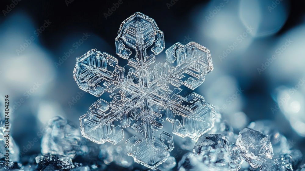 Macro Close Up of a Perfect Snowflake on Ice Crystals Macro Close Up of a Perfect Snowflake on Ice Crystals