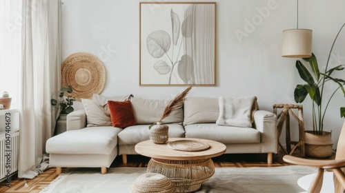 An elegant and cozy living room design accentuated by a white canvas backdrop, Thoughtfully curated minimalist furnishings, Scandinavian hygge style