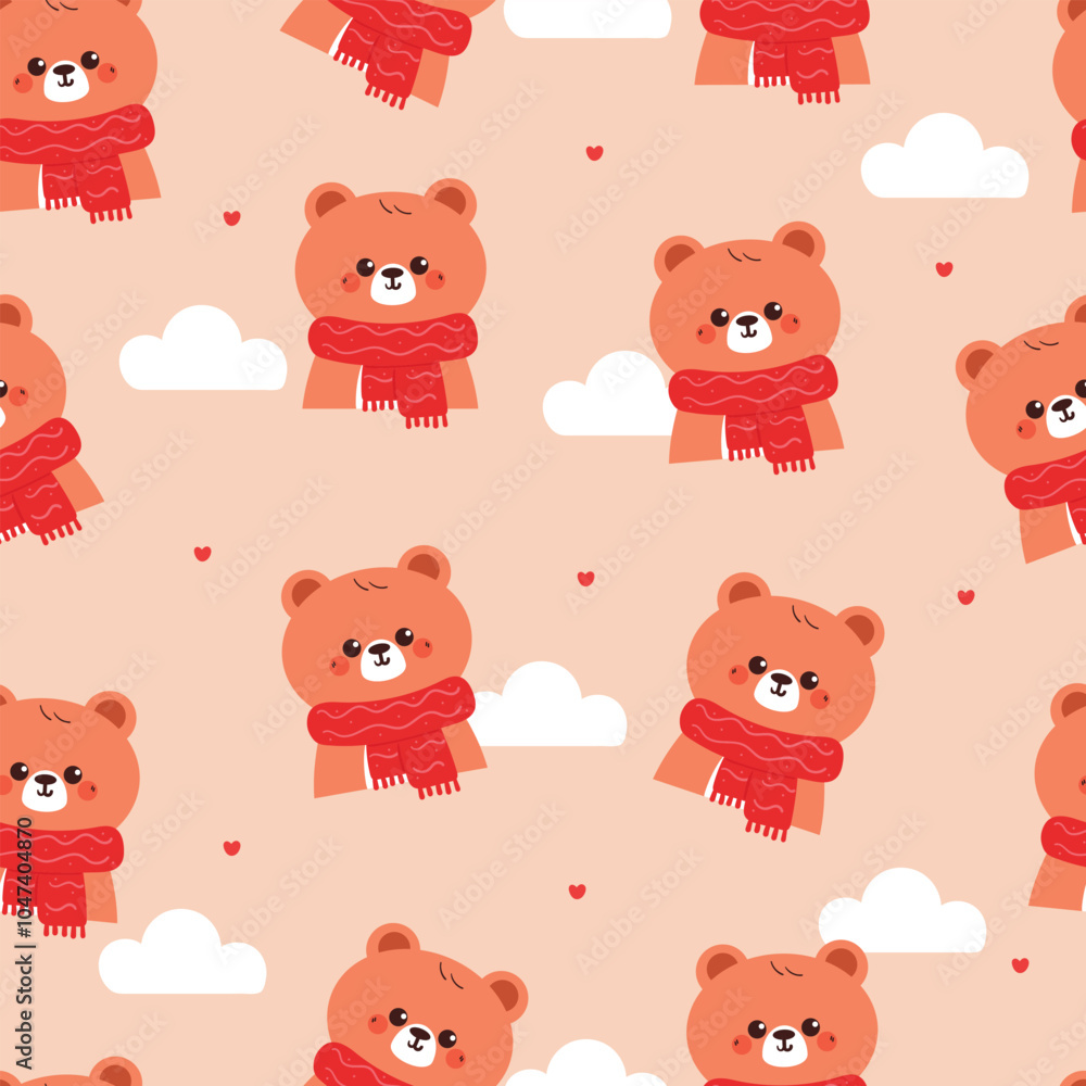 Fototapeta premium seamless pattern cartoon bear wearing red scarf. cute winter wallpaper for fabric print, gift wrap paper