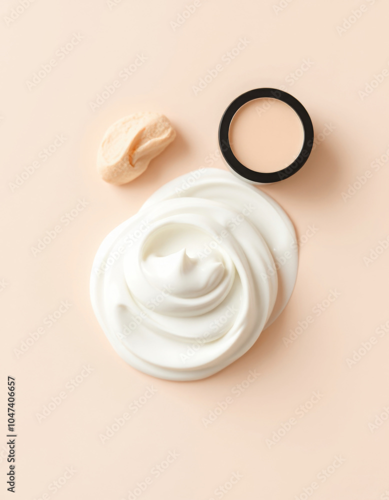 still life of cosmetics on a beige background, product photography of cosmetics in nude colors, perspective from above still life of cosmetics on a beige background, product photography of cosmetics in nude colors, perspective from above