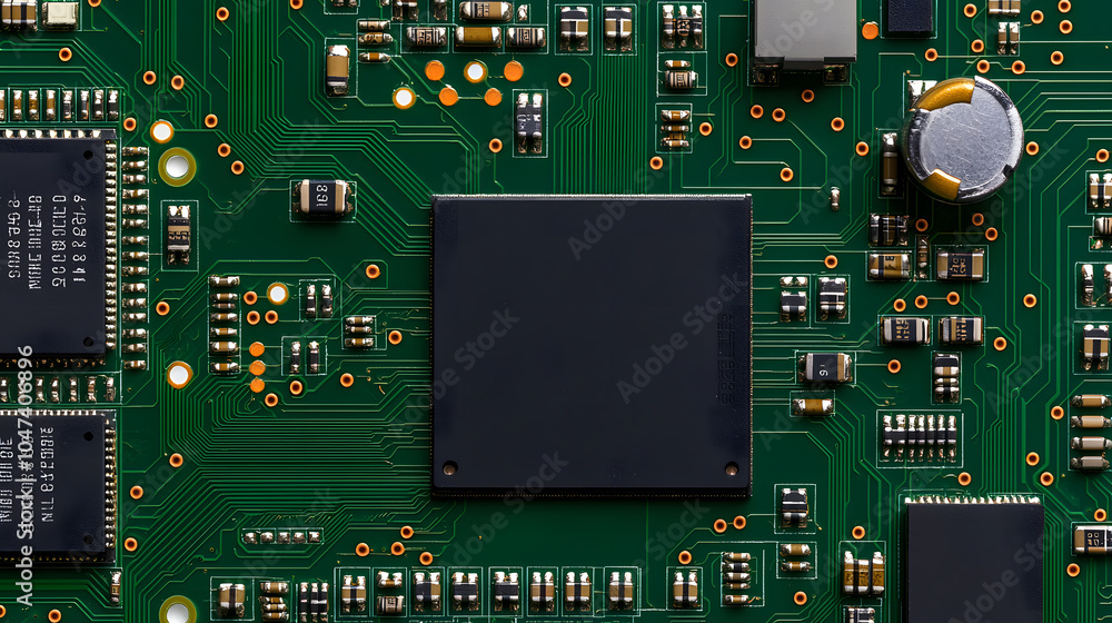 Close-Up of a Green Printed Circuit Board: Showcasing Intricate Design and Electronics Technology Close-Up of a Green Printed Circuit Board: Showcasing Intricate Design and Electronics Technology