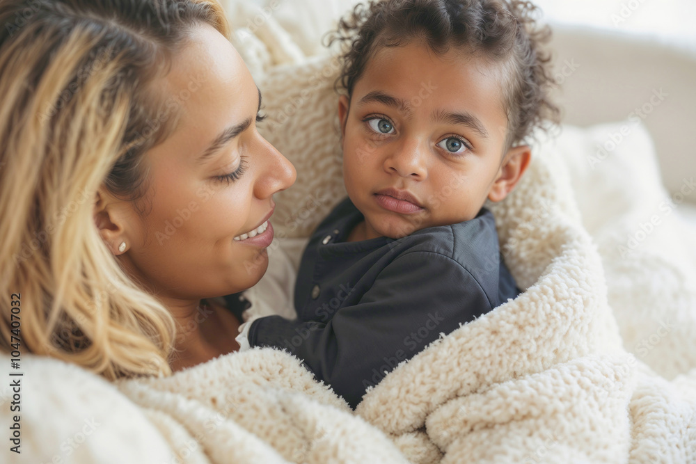 African American woman is holding a baby in a blanket. The baby has a blue eye African American woman is holding a baby in a blanket. The baby has a blue eye