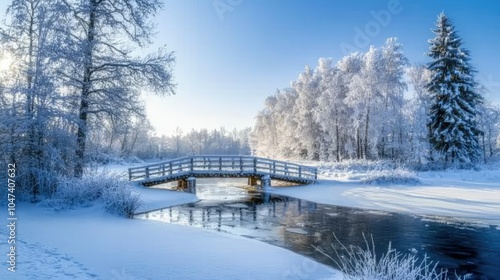 Tranquil Winter Scene with Wooden Bridge