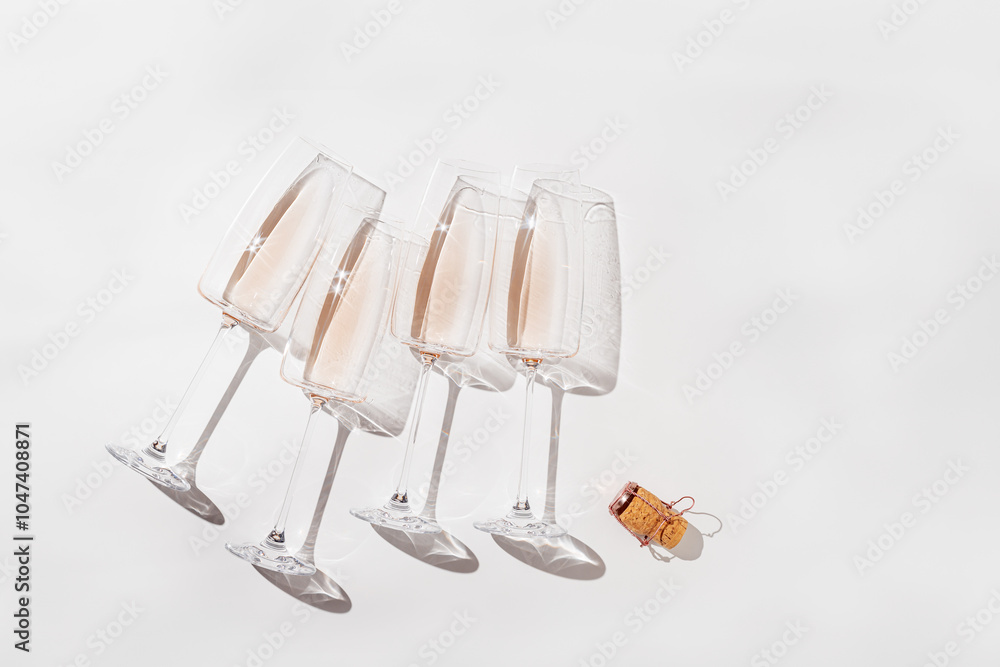 Dry rose sparkling wine in clear glasses top view with beautiful shadows and caustics effects at sunlight, Minimal style creative top view composition with copy space. Summer drink concept Dry rose sparkling wine in clear glasses top view with beautiful shadows and caustics effects at sunlight, Minimal style creative top view composition with copy space. Summer drink concept