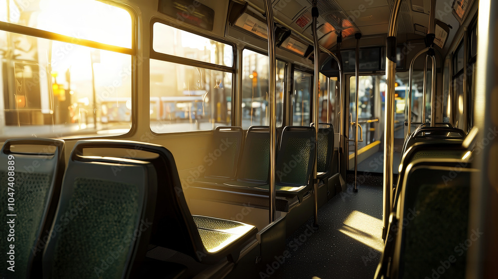 Fototapeta premium Empty Tram Interior with Sunlight Streaming Through Windows