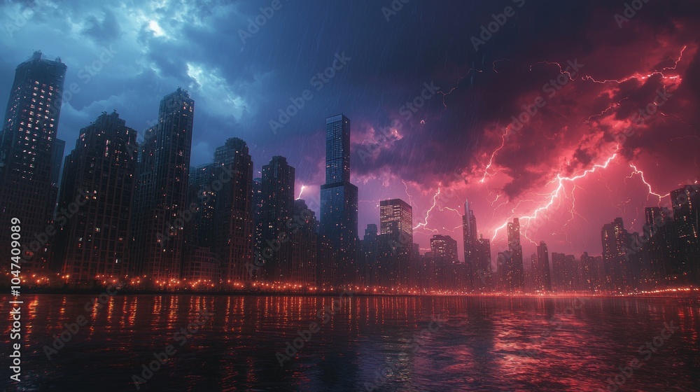 Dramatic Lightning Storm Over City Skyline With Reflections in Water Dramatic Lightning Storm Over City Skyline With Reflections in Water