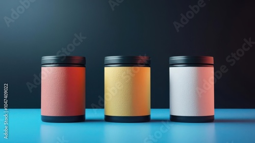 Conceptual image of whey protein packaging with fitness icons and bright glowing accents, Whey protein packaging, Supplement branding concept photo