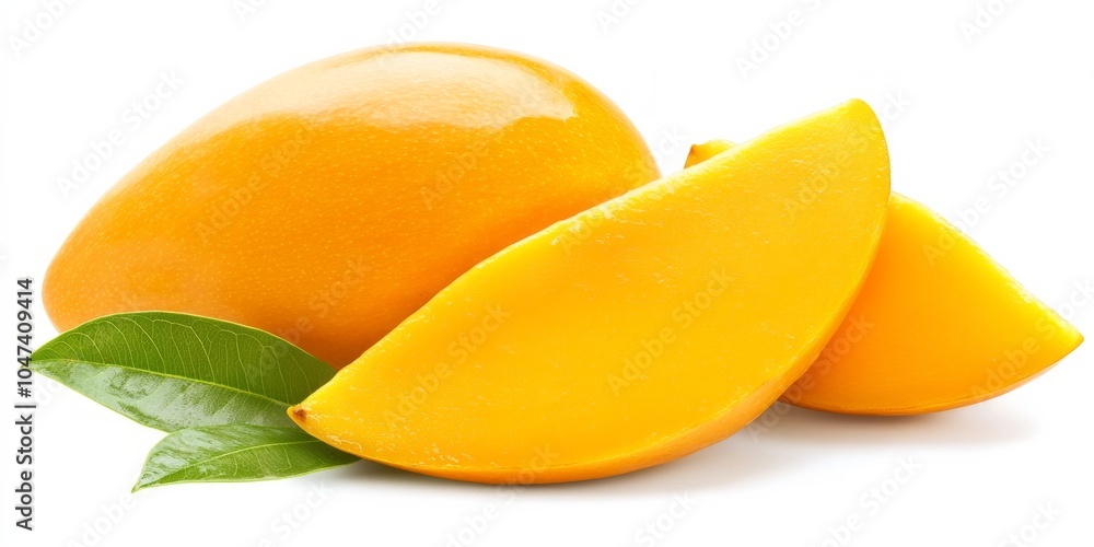 Fresh mango slices with vibrant yellow colors and green leaves on a white background Fresh mango slices with vibrant yellow colors and green leaves on a white background