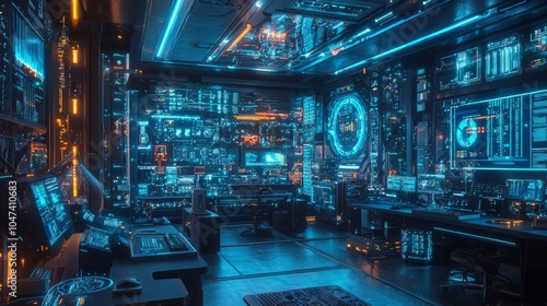 Wallpaper Mural Futuristic Cyber Security Control Room with Neon Lights and Data Displays Torontodigital.ca