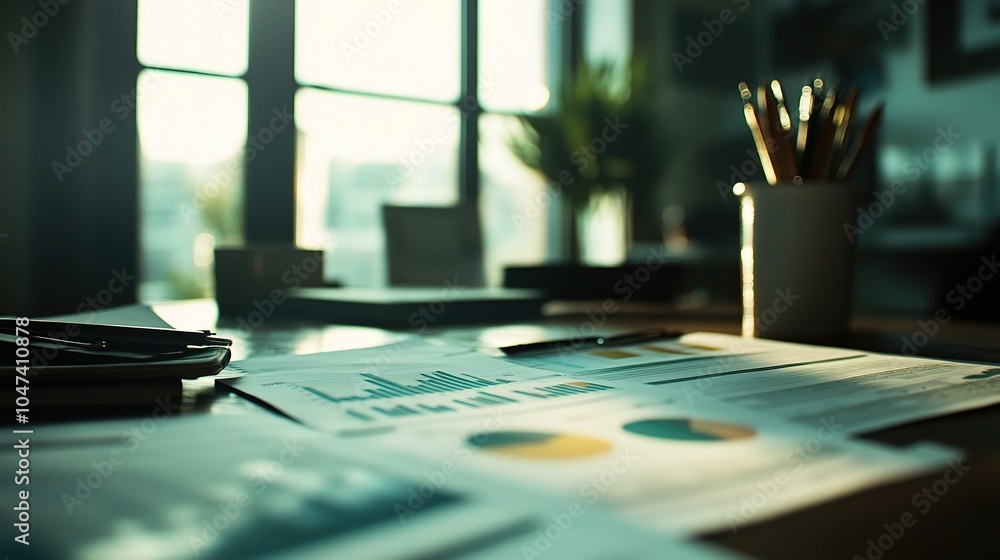 Business Workspace with Charts and Papers in Soft Light Business Workspace with Charts and Papers in Soft Light