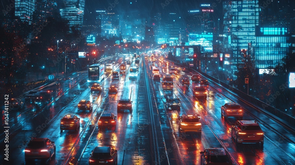 Obraz premium Cyberpunk Cityscape Night Rain Traffic Highway Lights