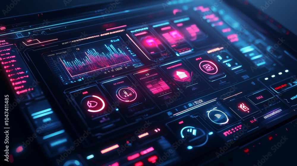 Obraz premium Futuristic Digital Interface With Neon Lights And Data Visualizations