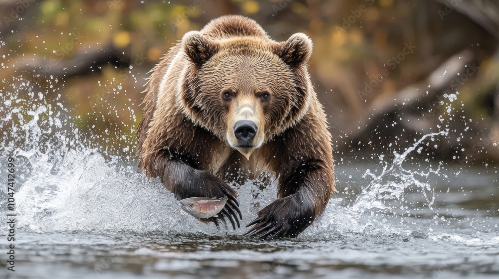 Fototapeta premium Grizzly Bear Fishing for Salmon in a River