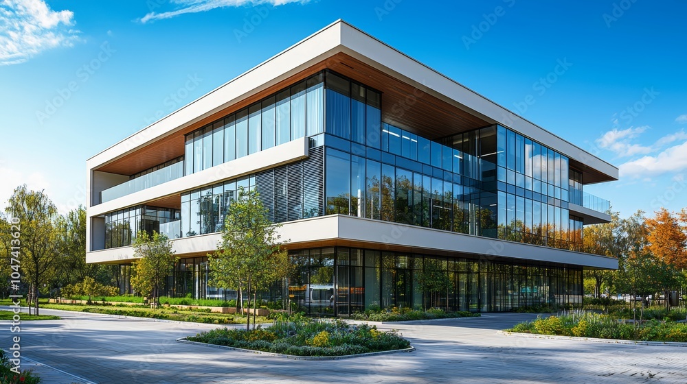 Fototapeta premium Modern Glass Office Building Exterior Architecture Landscape