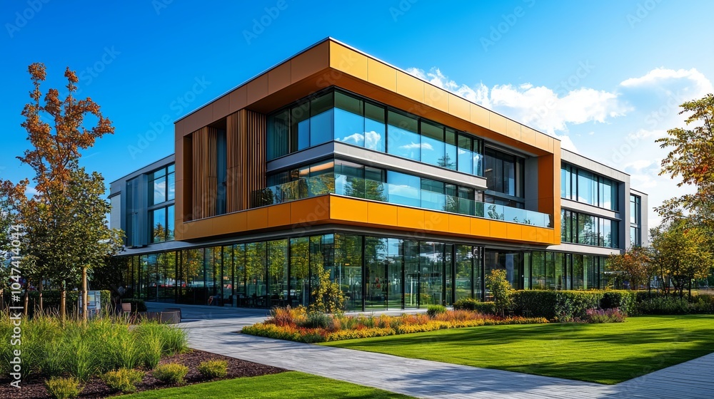 Modern Office Building with Glass Facade and Landscaping Modern Office Building with Glass Facade and Landscaping
