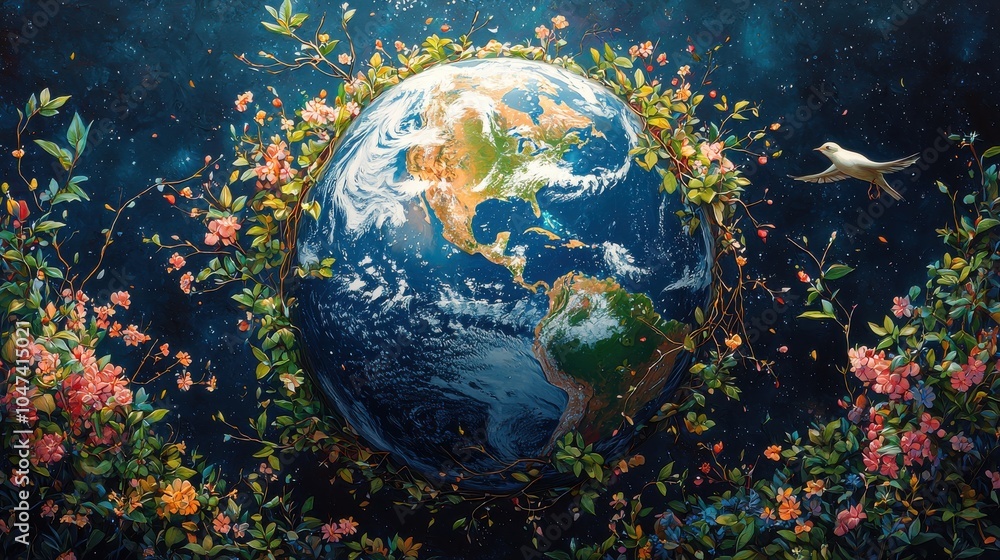 Vibrant depiction of Earth surrounded by colorful flowers and foliage against a dark starry background Vibrant depiction of Earth surrounded by colorful flowers and foliage against a dark starry background