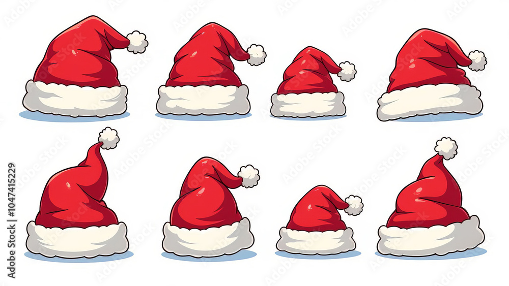 Set of red Santa Claus hats of different shapes and sizes on white background. Set of red Santa Claus hats of different shapes and sizes on white background.