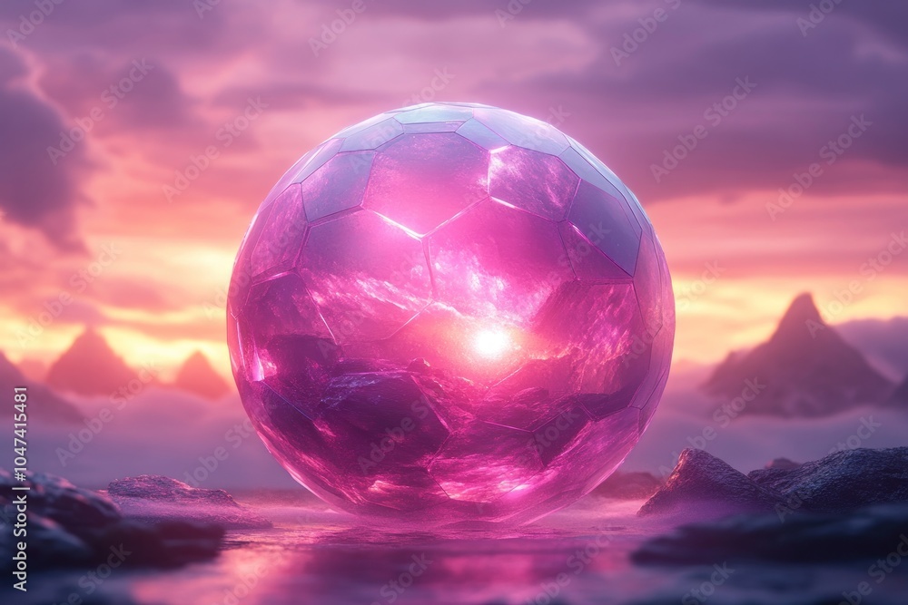 A glowing, faceted orb sits on a reflective surface against a vibrant sunset backdrop. A glowing, faceted orb sits on a reflective surface against a vibrant sunset backdrop.