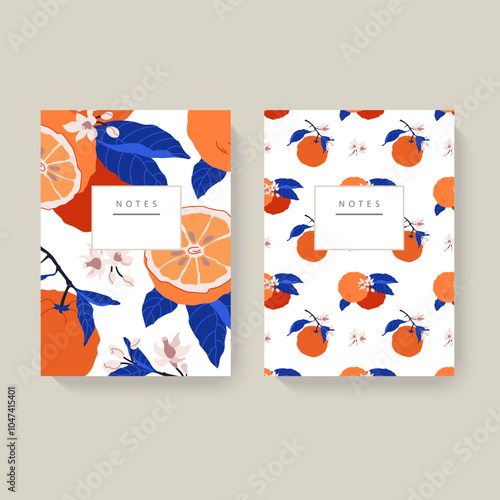 Two illustrated notebooks with orange patterns on a light background. Minimalist design with a white header for text. Concept of stationery. Perfect for journaling