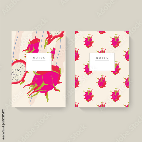 Two illustrated notebooks with dragon fruit patterns on a white background. Minimalist design with a white header for text. Concept of stationery. Perfect for journaling