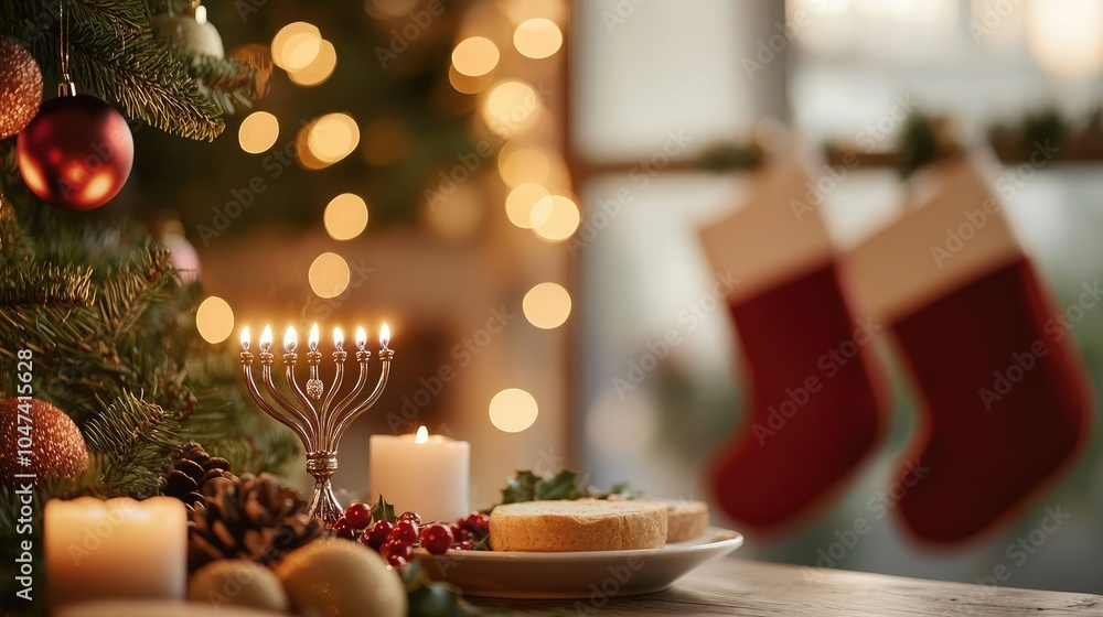 Festive Table with Menorah and Christmas Decorations Festive Table with Menorah and Christmas Decorations