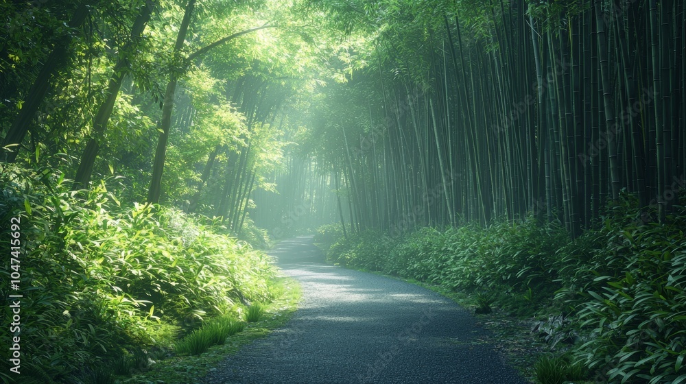 Obraz premium Serene Path Through Misty Bamboo Forest