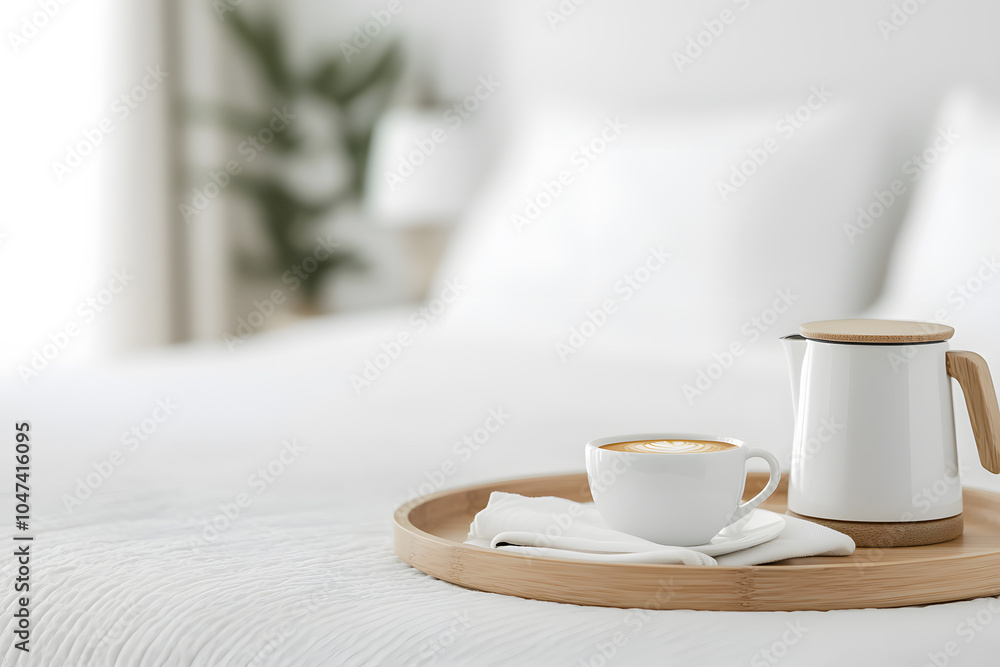 Fototapeta premium White Cup of Tea and Teapot on Hotel Bed: A Cozy and Inviting Touch for a Relaxing Stay
