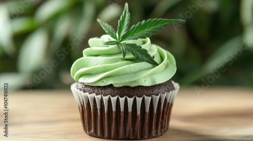Delicious chocolate cupcake decorated with cannabis leaf and green frosting