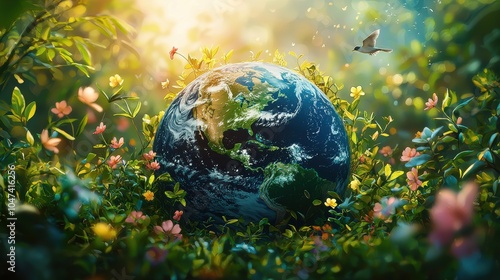 Fototapeta Naklejka Na Ścianę i Meble -  Vibrant earth nestled in lush flowers, showcasing nature's beauty and harmony during a serene sunlight glow