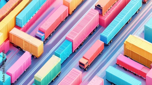 Cargo transport in import-export logistics flat design top view navigation theme 3D render colored pastel  photo