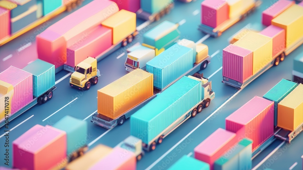 Cargo transport in import-export logistics flat design top view navigation theme 3D render colored pastel Cargo transport in import-export logistics flat design top view navigation theme 3D render colored pastel