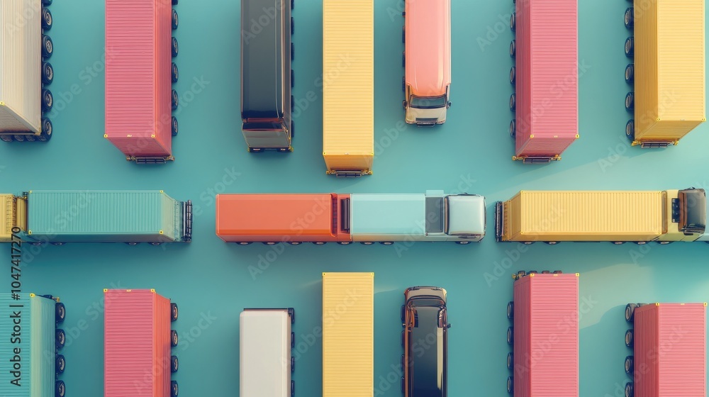 Fototapeta premium Cargo transport in import-export logistics flat design top view navigation theme 3D render colored pastel 