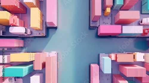 Cargo transport in import-export logistics flat design top view navigation theme 3D render colored pastel  photo