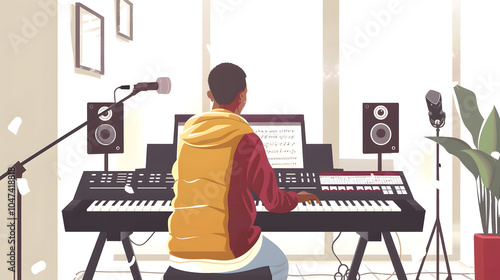 young man playing electronic piano while recording music at home isolated on white background, flat design, png