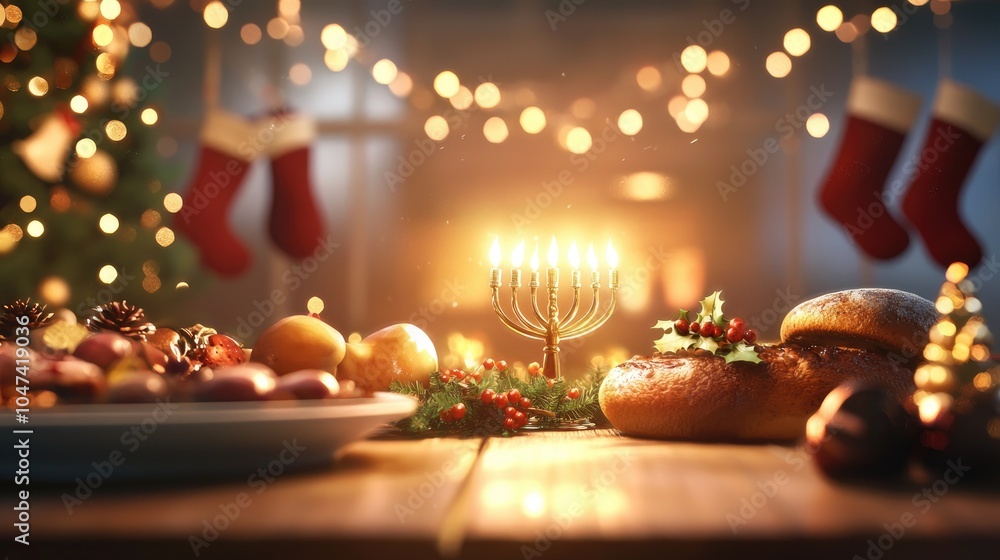 Festive Table with Menorah and Christmas Decorations Festive Table with Menorah and Christmas Decorations