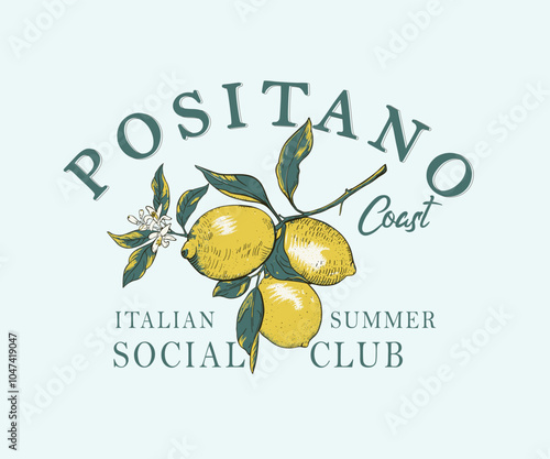 Positano Italy summer lemon vector design,  lemon with  leaf and flower hand drawn vector art, Italian island vacation artwork for t shirt, poster, print