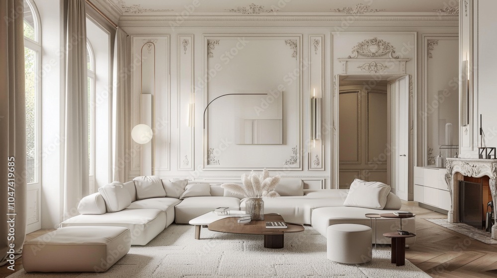 An elegant and refined living room design with a white canvas backdrop, Minimal furniture arranged with precision, French Provincial style An elegant and refined living room design with a white canvas backdrop, Minimal furniture arranged with precision, French Provincial style