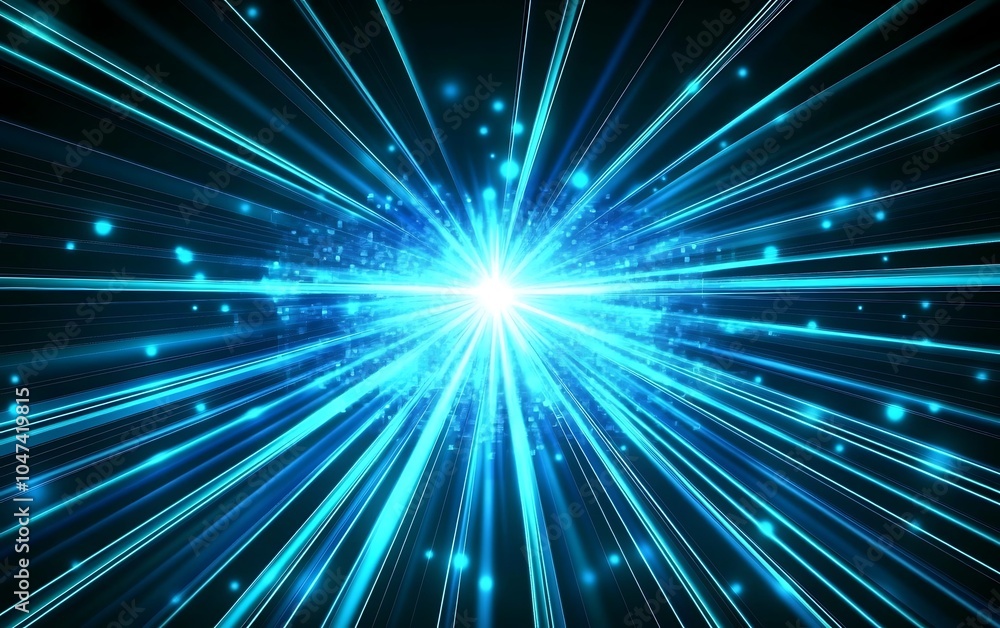 Obraz premium Abstract blue light rays radiating from a bright center with sparkling particles.