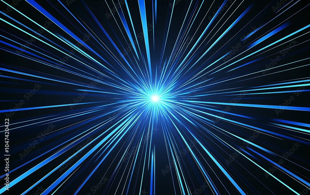 Abstract blue light rays radiating outward from a bright center on a black background. Abstract blue light rays radiating outward from a bright center on a black background.