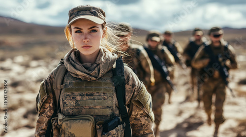 Female Soldier Leading Troop in Desert