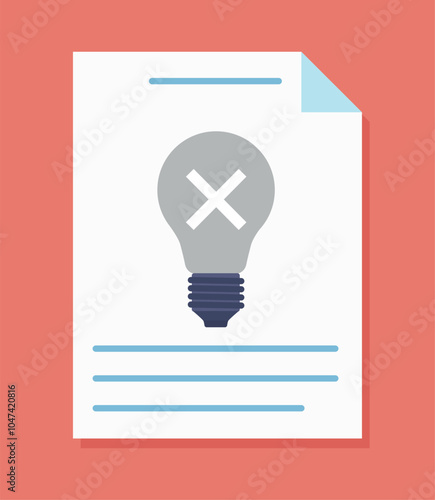 Vector graphic of a document featuring a gray light bulb with a white "X" inside, symbolizing a failed idea or mistake. The background is light red, with blue text lines on the document