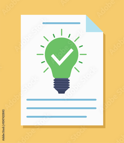 This vector shows a document with a green light bulb with a white check mark inside symbolizing a successful idea or approval. The background is yellow, the document contains blue lines of text