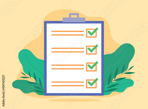This vector graphic shows a large clipboard with a checklist of five items, all marked with green checkmarks, symbolizing completed tasks. The background is light yellow with green leaves.