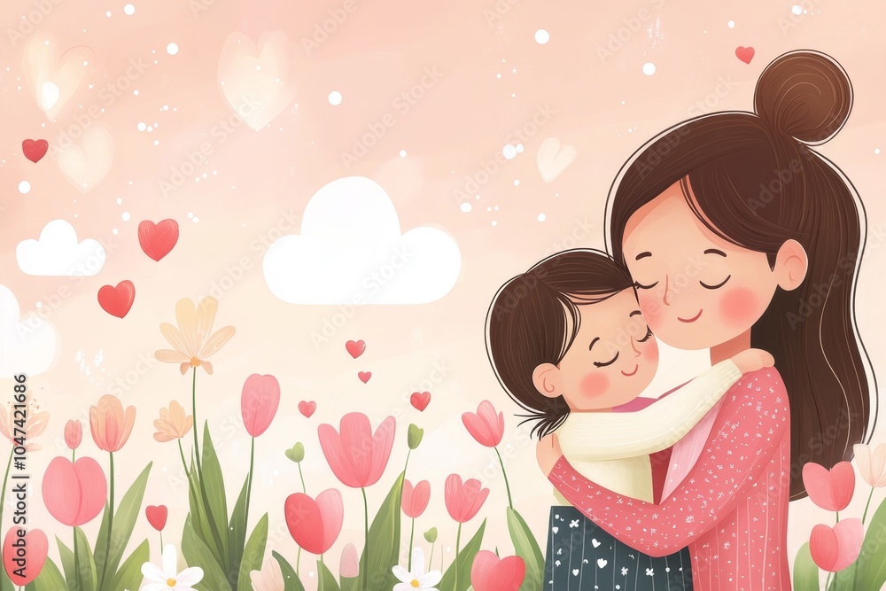 flat illustration. mother hugging little daughter. ai generated flat illustration. mother hugging little daughter. ai generated