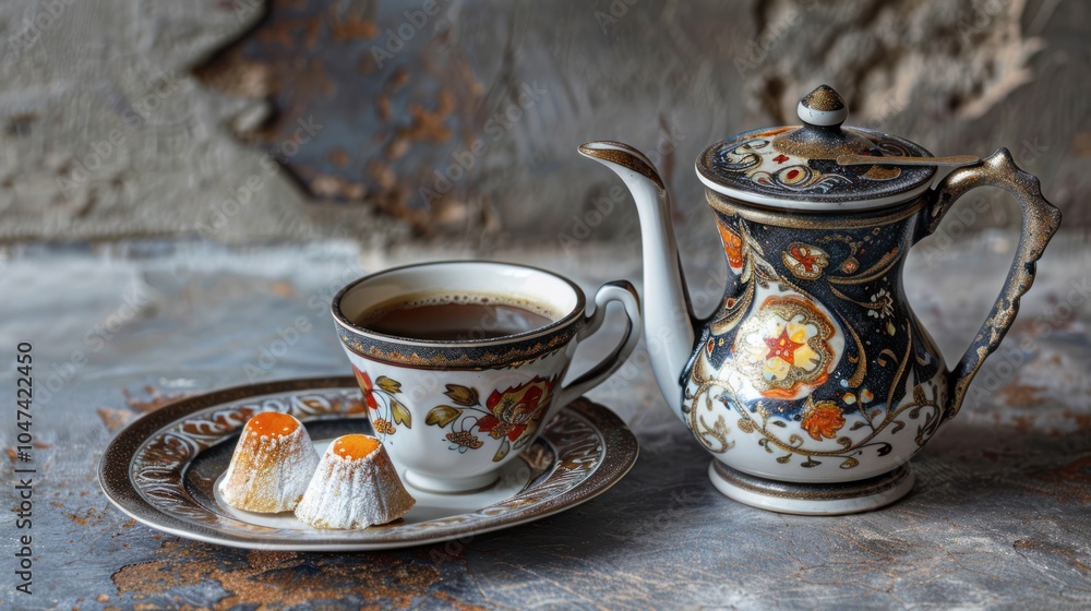 Fototapeta premium Ornate Teapot, Coffee Cup, and Two Pastries on a Rustic Surface