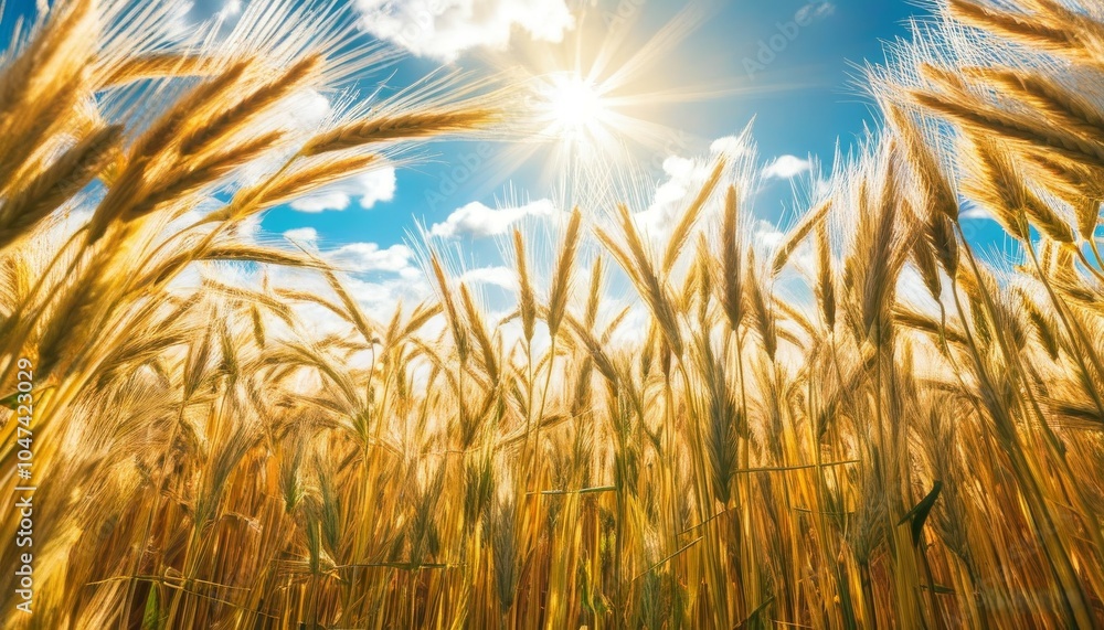 a bright bright yellow field with wheat, ear-splitting in the bright rays of the sun above it a bright bright yellow field with wheat, ear-splitting in the bright rays of the sun above it