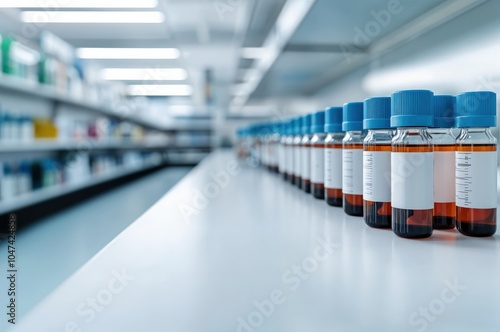 Bottles containing brown liquid standing in a row on a table in a medical laboratory